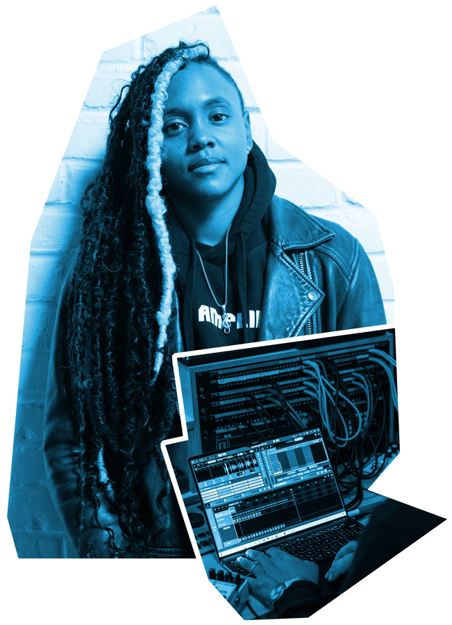 Portrait of Ebonie Smith and an image of Serato Studio on her laptop.