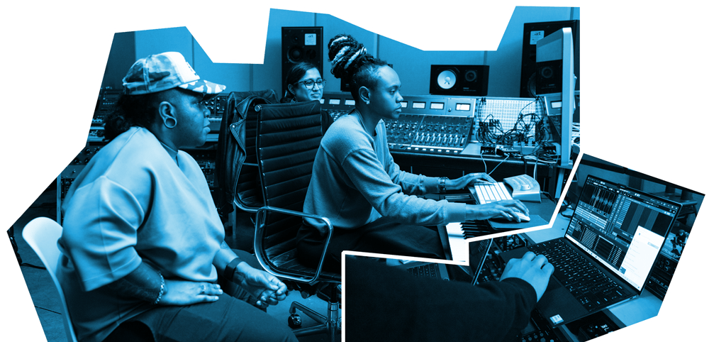 Image of Boston Chery, Krithi Rao, and Ebonie Smith working on Serato Studio in the production room.